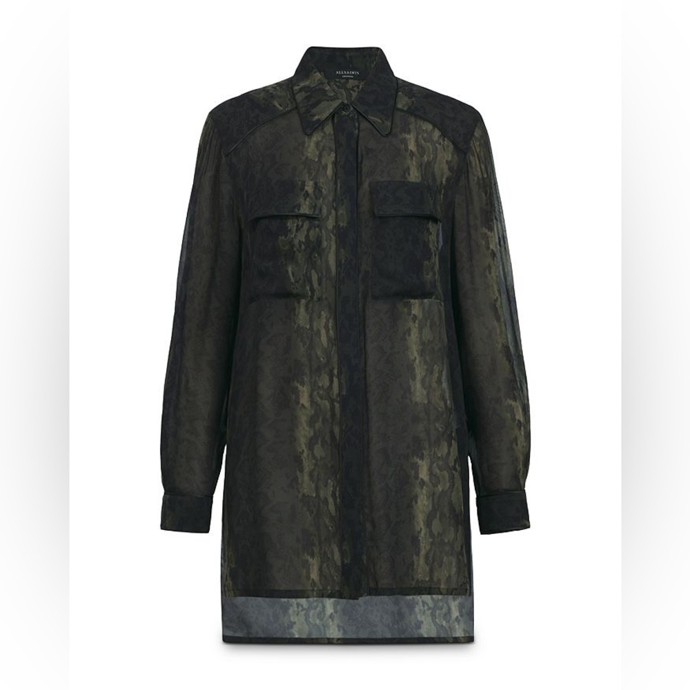 Allsaints Esther Masala Shirt reptilian green print —EUC— size UK 8